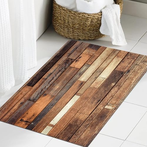 JHAOUNUK Weich Badezimmerteppich 60x90cm,HOLZHINTERGRUND und Tisch für Dekor Naturholz,rutschfest waschbar Badematte Flauschige Badteppich Saugfähig Badvorleger Duschvorleger von JHAOUNUK