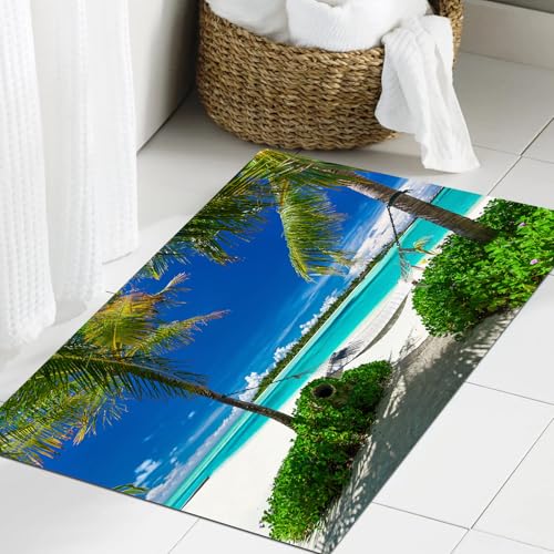 JHAOUNUK Weich Badezimmerteppich 60x90cm,Hängematte Palmen Tropischer Strand Malerische Küste,rutschfest waschbar Badematte Flauschige Badteppich Saugfähig Badvorleger Duschvorleger von JHAOUNUK
