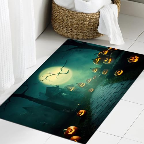 JHAOUNUK Weich Badezimmerteppich 60x90cm,Halloween-Hintergrund mit gruseligen Kürbis-Jack-o-Laternen in der Nach,rutschfest waschbar Badematte Flauschige Badteppich Saugfähig Badvorleger Duschvorleger von JHAOUNUK
