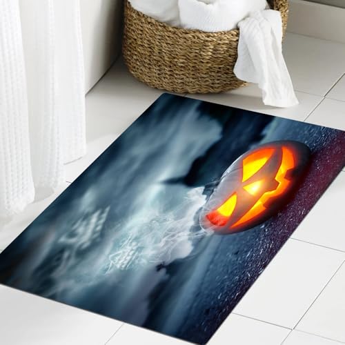 JHAOUNUK Weich Badezimmerteppich 60x90cm,Halloween-Hintergrund: Jack-O-Lantern auf einem gruseligen Friedhof.,rutschfest waschbar Badematte Flauschige Badteppich Saugfähig Badvorleger Duschvorleger von JHAOUNUK