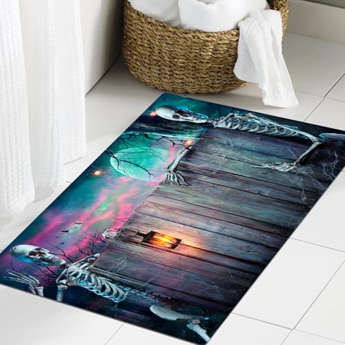 JHAOUNUK Weich Badezimmerteppich 60x90cm,Halloween-Party - Skelette mit Holzbanner in gruseligen Nächten,rutschfest waschbar Badematte Flauschige Badteppich Saugfähig Badvorleger Duschvorleger von JHAOUNUK