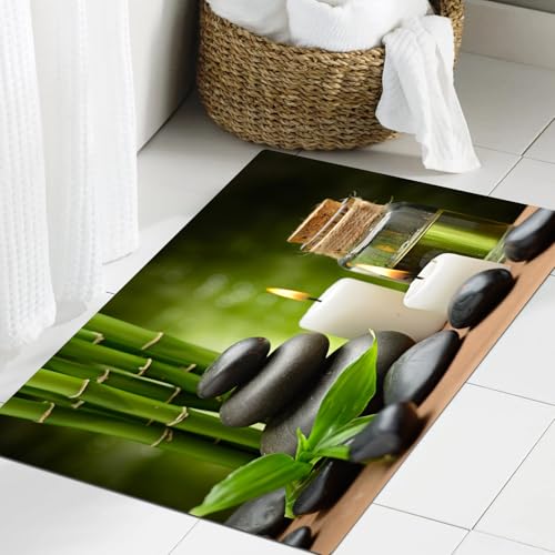 JHAOUNUK Weich Badezimmerteppich 60x90cm,Heiße Massagesteine kombiniert mit Kerzen und Düften Landschaft aus Bam,rutschfest waschbar Badematte Flauschige Badteppich Saugfähig Badvorleger Duschvorleger von JHAOUNUK