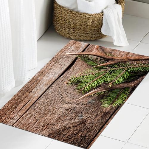 JHAOUNUK Weich Badezimmerteppich 60x90cm,Hohe Betrachtungswinkel von Evergreen Branch mit Hirschgeweih gegen rus,rutschfest waschbar Badematte Flauschige Badteppich Saugfähig Badvorleger Duschvorleger JHAOUNUK Weich Badezimmerteppich 60x90cm,Hohe Betrachtungswinkel von Evergreen Branch mit Hirschgeweih gegen rus,rutschfest waschbar Badematte Flauschige Badteppich Saugfähig Badvorleger Duschvorleger von JHAOUNUK