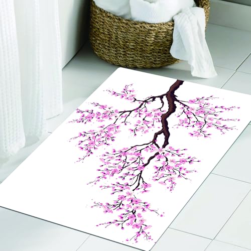 JHAOUNUK Weich Badezimmerteppich 60x90cm,Japanischer Zweig eines blühenden Sakura-Baumes Blumen Kirschblüte Kuns,rutschfest waschbar Badematte Flauschige Badteppich Saugfähig Badvorleger Duschvorleger von JHAOUNUK