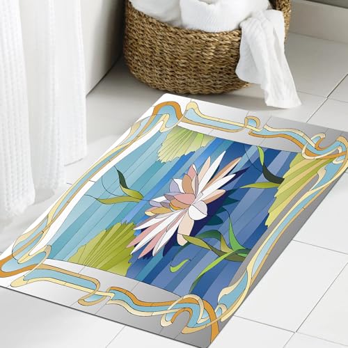 JHAOUNUK Weich Badezimmerteppich 60x90cm,Jugendstil, Lotus auf dem Wasser Barock Avantgarde Stilisiertes klassis,rutschfest waschbar Badematte Flauschige Badteppich Saugfähig Badvorleger Duschvorleger von JHAOUNUK