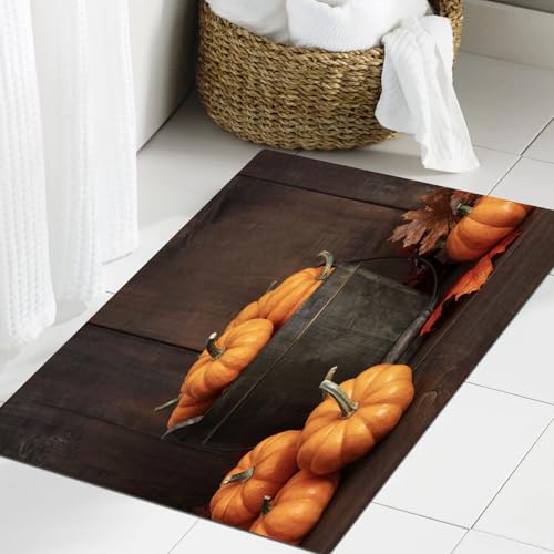 JHAOUNUK Weich Badezimmerteppich 60x90cm,Kleine Kürbisse im Holzeimer auf dem Tisch,rutschfest waschbar Badematte Flauschige Badteppich Saugfähig Badvorleger Duschvorleger von JHAOUNUK