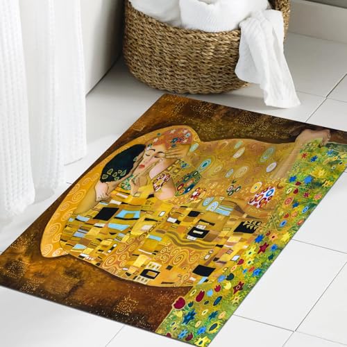 JHAOUNUK Weich Badezimmerteppich 60x90cm,Klimt inspirierte abstrakte Kunst Batik Malerei auf dem Gelände von Gus,rutschfest waschbar Badematte Flauschige Badteppich Saugfähig Badvorleger Duschvorleger von JHAOUNUK