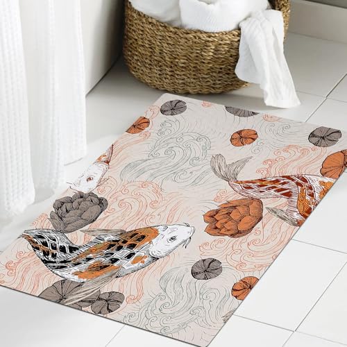JHAOUNUK Weich Badezimmerteppich 60x90cm,Koi Fisch orientalisches nahtloses Muster,rutschfest waschbar Badematte Flauschige Badteppich Saugfähig Badvorleger Duschvorleger von JHAOUNUK