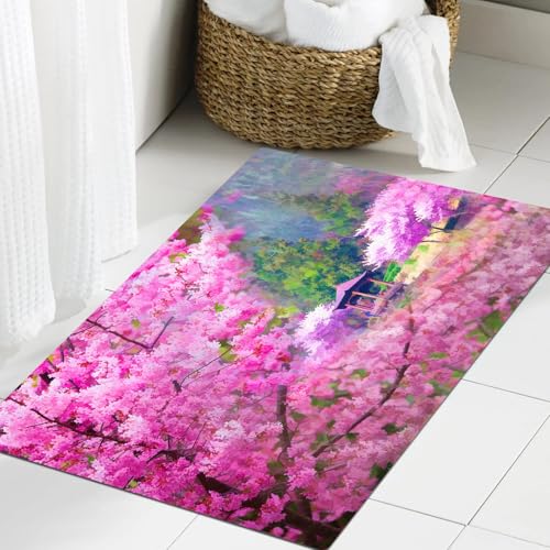 JHAOUNUK Weich Badezimmerteppich 60x90cm,Landschaft mit Sakura-Blume in der Ferne Berg Japanischer Pavillon,rutschfest waschbar Badematte Flauschige Badteppich Saugfähig Badvorleger Duschvorleger von JHAOUNUK
