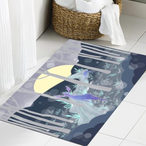 JHAOUNUK Weich Badezimmerteppich 60x90cm,Märchenwald Kunst Natur Illustration Elch Roaming Gebogene Straße Abstr,rutschfest waschbar Badematte Flauschige Badteppich Saugfähig Badvorleger Duschvorleger von JHAOUNUK