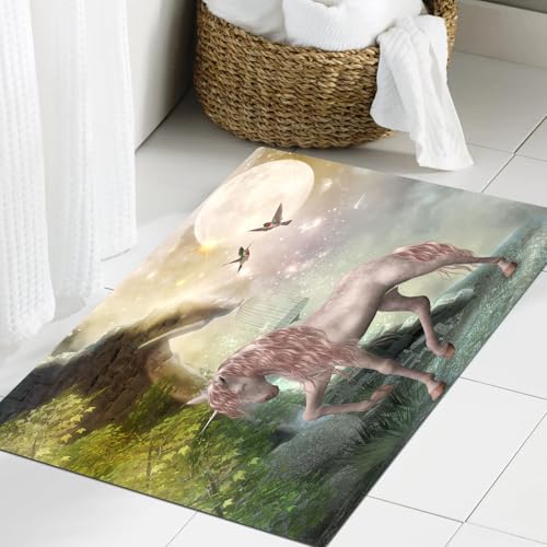 JHAOUNUK Weich Badezimmerteppich 60x90cm,Magisches Pferd im Himmel mit Schloss,rutschfest waschbar Badematte Flauschige Badteppich Saugfähig Badvorleger Duschvorleger von JHAOUNUK
