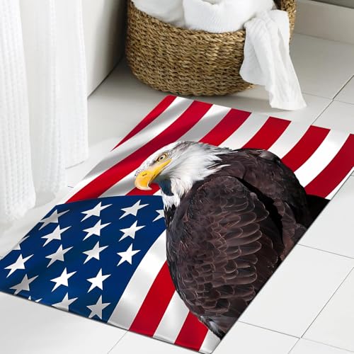 JHAOUNUK Weich Badezimmerteppich 60x90cm,Majestätischer Weißkopfseeadler und USA-Flagge,rutschfest waschbar Badematte Flauschige Badteppich Saugfähig Badvorleger Duschvorleger von JHAOUNUK