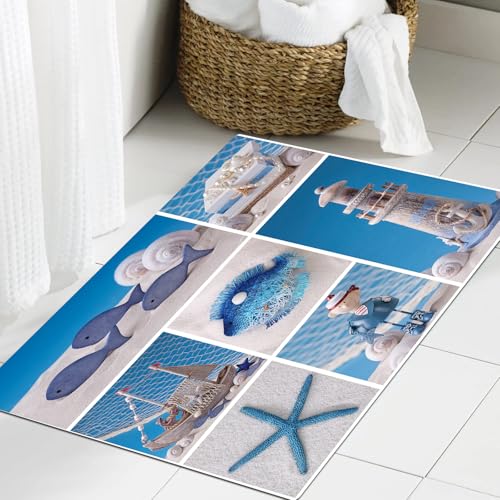 JHAOUNUK Weich Badezimmerteppich 60x90cm,Marine Thema Design Objekte Fische Muscheln Seesterne Perlen Leuchtturm,rutschfest waschbar Badematte Flauschige Badteppich Saugfähig Badvorleger Duschvorleger JHAOUNUK Weich Badezimmerteppich 60x90cm,Marine Thema Design Objekte Fische Muscheln Seesterne Perlen Leuchtturm,rutschfest waschbar Badematte Flauschige Badteppich Saugfähig Badvorleger Duschvorleger von JHAOUNUK