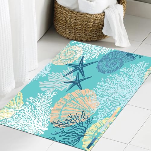 JHAOUNUK Weich Badezimmerteppich 60x90cm,Marine-Vektor-handgezeichnetes Muster mit Muscheln, Sternen, Weichtiere,rutschfest waschbar Badematte Flauschige Badteppich Saugfähig Badvorleger Duschvorleger JHAOUNUK Weich Badezimmerteppich 60x90cm,Marine-Vektor-handgezeichnetes Muster mit Muscheln, Sternen, Weichtiere,rutschfest waschbar Badematte Flauschige Badteppich Saugfähig Badvorleger Duschvorleger von JHAOUNUK