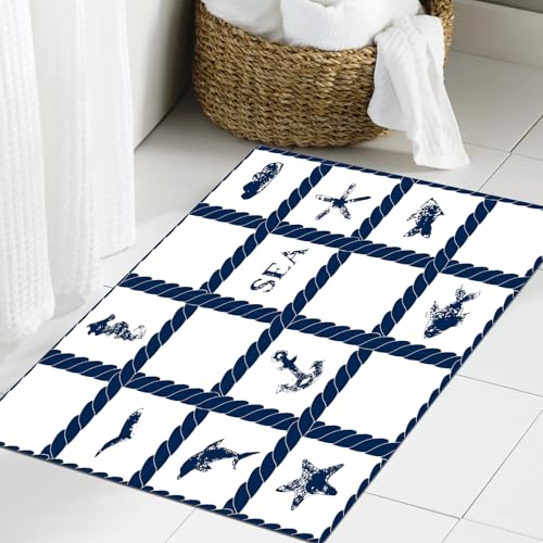 JHAOUNUK Weich Badezimmerteppich 60x90cm,Marineblau, Marine-Yachtschiff-Seil als Rahmen mit Seestern-Fisch- und,rutschfest waschbar Badematte Flauschige Badteppich Saugfähig Badvorleger Duschvorleger von JHAOUNUK