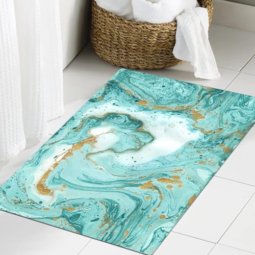 JHAOUNUK Weich Badezimmerteppich 60x90cm,Marmor in Türkis und Gold auf weißem Papier,rutschfest waschbar Badematte Flauschige Badteppich Saugfähig Badvorleger Duschvorleger JHAOUNUK Weich Badezimmerteppich 60x90cm,Marmor in Türkis und Gold auf weißem Papier,rutschfest waschbar Badematte Flauschige Badteppich Saugfähig Badvorleger Duschvorleger von JHAOUNUK