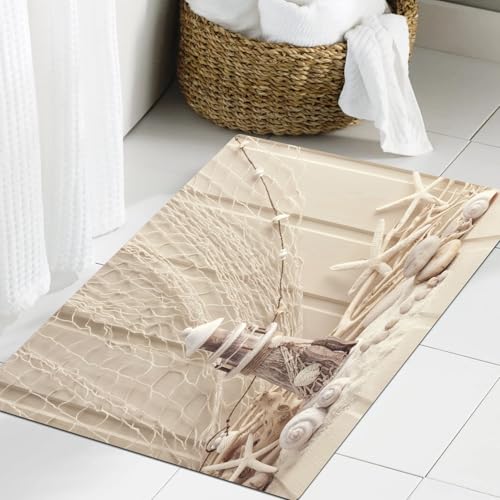 JHAOUNUK Weich Badezimmerteppich 60x90cm,Meereslebewesen-Dekoration und auf schäbigem Holzhintergrund,rutschfest waschbar Badematte Flauschige Badteppich Saugfähig Badvorleger Duschvorleger von JHAOUNUK