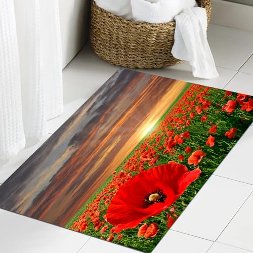 JHAOUNUK Weich Badezimmerteppich 60x90cm,Mohnblume Sonnenstrahl Wolkenfeld,rutschfest waschbar Badematte Flauschige Badteppich Saugfähig Badvorleger Duschvorleger von JHAOUNUK