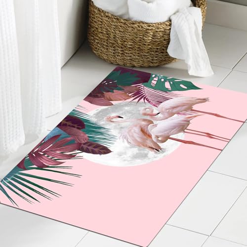 JHAOUNUK Weich Badezimmerteppich 60x90cm,Mond- und Flamingo-Hintergrunddesign mit tropischen Blättern kann als H,rutschfest waschbar Badematte Flauschige Badteppich Saugfähig Badvorleger Duschvorleger JHAOUNUK Weich Badezimmerteppich 60x90cm,Mond- und Flamingo-Hintergrunddesign mit tropischen Blättern kann als H,rutschfest waschbar Badematte Flauschige Badteppich Saugfähig Badvorleger Duschvorleger von JHAOUNUK