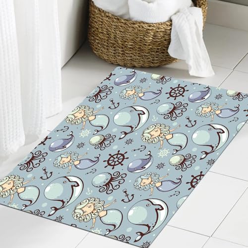 JHAOUNUK Weich Badezimmerteppich 60x90cm,Muster mit süßem, lustigem Meerjungfrau-Wal,rutschfest waschbar Badematte Flauschige Badteppich Saugfähig Badvorleger Duschvorleger JHAOUNUK Weich Badezimmerteppich 60x90cm,Muster mit süßem, lustigem Meerjungfrau-Wal,rutschfest waschbar Badematte Flauschige Badteppich Saugfähig Badvorleger Duschvorleger von JHAOUNUK