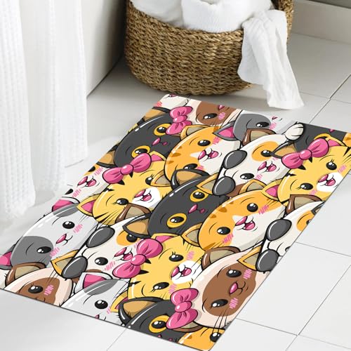 JHAOUNUK Weich Badezimmerteppich 60x90cm,Nahtlose Muster süße Katze Cartoon Illustration,rutschfest waschbar Badematte Flauschige Badteppich Saugfähig Badvorleger Duschvorleger von JHAOUNUK