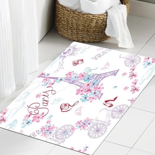 JHAOUNUK Weich Badezimmerteppich 60x90cm,Nahtloses Muster mit Pariser Symbolen. Romantische Reise nach Paris.,rutschfest waschbar Badematte Flauschige Badteppich Saugfähig Badvorleger Duschvorleger von JHAOUNUK