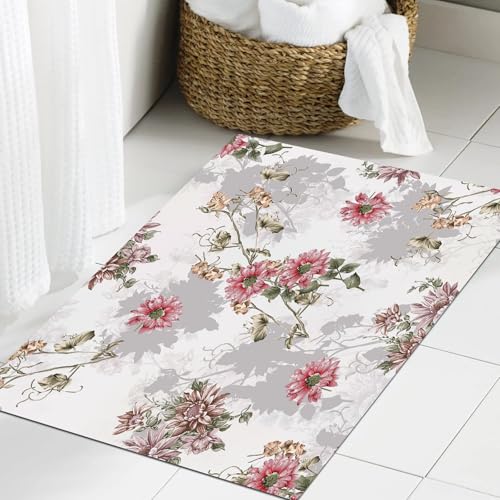 JHAOUNUK Weich Badezimmerteppich 60x90cm,Nahtloses Textilblumendesign mit weißem Hintergrund,rutschfest waschbar Badematte Flauschige Badteppich Saugfähig Badvorleger Duschvorleger von JHAOUNUK