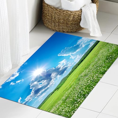 JHAOUNUK Weich Badezimmerteppich 60x90cm,Natur, Frühlingslandschaft mit Wiese auf dem Berg und Himmel lebendige,rutschfest waschbar Badematte Flauschige Badteppich Saugfähig Badvorleger Duschvorleger von JHAOUNUK