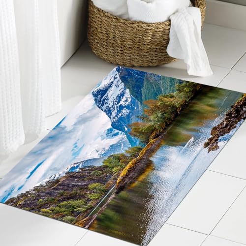 JHAOUNUK Weich Badezimmerteppich 60x90cm,Natur, Gebirgskette Norwegen mit schneebedeckten Gipfeln am See nördlic,rutschfest waschbar Badematte Flauschige Badteppich Saugfähig Badvorleger Duschvorleger von JHAOUNUK