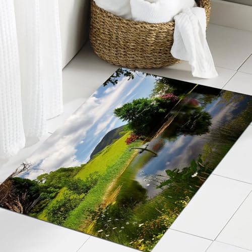 JHAOUNUK Weich Badezimmerteppich 60x90cm,Natur See durch Wiese sonnige ländliche Landschaft Tal schottische Somm,rutschfest waschbar Badematte Flauschige Badteppich Saugfähig Badvorleger Duschvorleger von JHAOUNUK