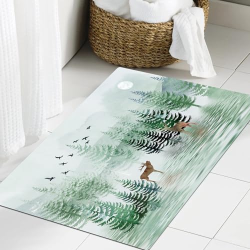 JHAOUNUK Weich Badezimmerteppich 60x90cm,Natur Wald Landschaft Elch rustikal Aquarell Kiefer Baum Vogel Wald mit,rutschfest waschbar Badematte Flauschige Badteppich Saugfähig Badvorleger Duschvorleger von JHAOUNUK