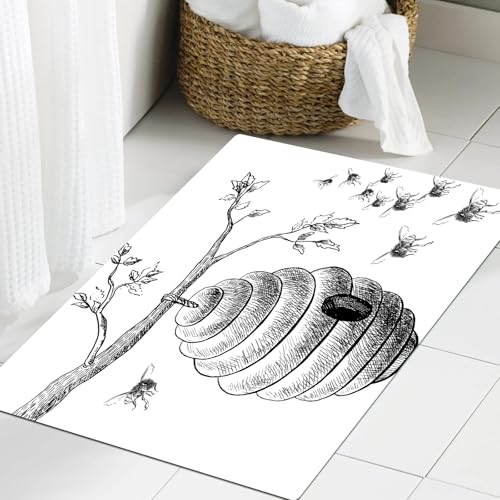 JHAOUNUK Weich Badezimmerteppich 60x90cm,Natur-Wohnkultur, skizzenhaftes handgezeichnetes Bild von Wabenbienen,rutschfest waschbar Badematte Flauschige Badteppich Saugfähig Badvorleger Duschvorleger von JHAOUNUK