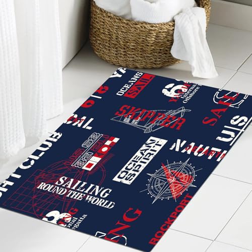 JHAOUNUK Weich Badezimmerteppich 60x90cm,Nautischen Stil Marine Segeln Elemente Tapete abstrakte Vektor nahtlose,rutschfest waschbar Badematte Flauschige Badteppich Saugfähig Badvorleger Duschvorleger von JHAOUNUK