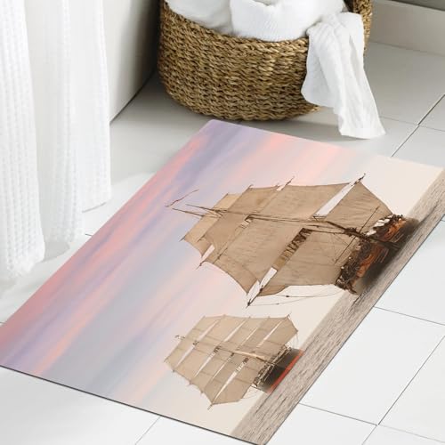 JHAOUNUK Weich Badezimmerteppich 60x90cm,Ozean, Segelboot Gaff Top Segeln Holz Segelschiffe Wellen Kunstdruck Fo,rutschfest waschbar Badematte Flauschige Badteppich Saugfähig Badvorleger Duschvorleger von JHAOUNUK