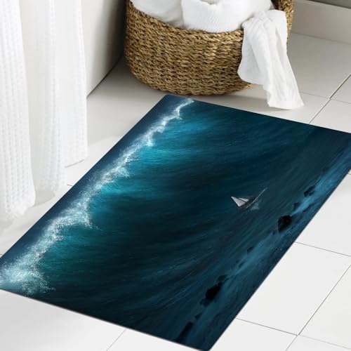 JHAOUNUK Weich Badezimmerteppich 60x90cm,Ozean, kleines Boot gefangen von Einer großen Welle Meer Sturm Tsunami,rutschfest waschbar Badematte Flauschige Badteppich Saugfähig Badvorleger Duschvorleger von JHAOUNUK