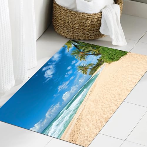 JHAOUNUK Weich Badezimmerteppich 60x90cm,Ozean Unberührter Sandstrand Palmen Pazifik Bäume Ruhe Azur Naturparks,rutschfest waschbar Badematte Flauschige Badteppich Saugfähig Badvorleger Duschvorleger JHAOUNUK Weich Badezimmerteppich 60x90cm,Ozean Unberührter Sandstrand Palmen Pazifik Bäume Ruhe Azur Naturparks,rutschfest waschbar Badematte Flauschige Badteppich Saugfähig Badvorleger Duschvorleger von JHAOUNUK