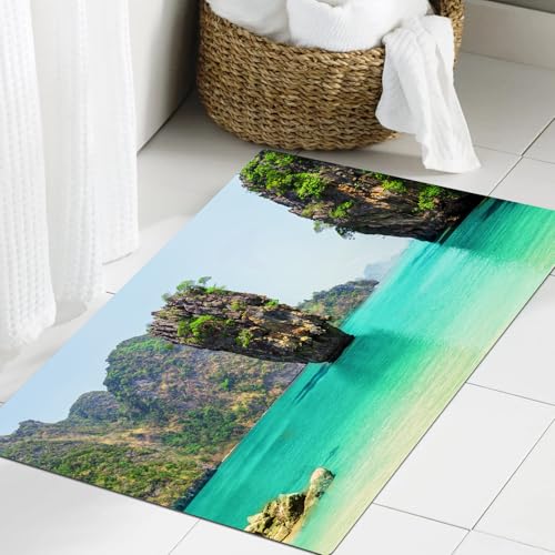 JHAOUNUK Weich Badezimmerteppich 60x90cm,Ozean-l-Dekor, Stone Island Landschaft in Tropic,rutschfest waschbar Badematte Flauschige Badteppich Saugfähig Badvorleger Duschvorleger von JHAOUNUK