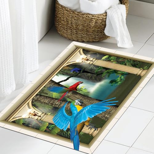 JHAOUNUK Weich Badezimmerteppich 60x90cm,Papagei Wasserfall Palast Natur Wildlife,rutschfest waschbar Badematte Flauschige Badteppich Saugfähig Badvorleger Duschvorleger von JHAOUNUK