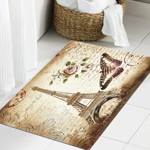 JHAOUNUK Weich Badezimmerteppich 60x90cm,Paris Eiffelturm Schmetterling und Blume,rutschfest waschbar Badematte Flauschige Badteppich Saugfähig Badvorleger Duschvorleger von JHAOUNUK