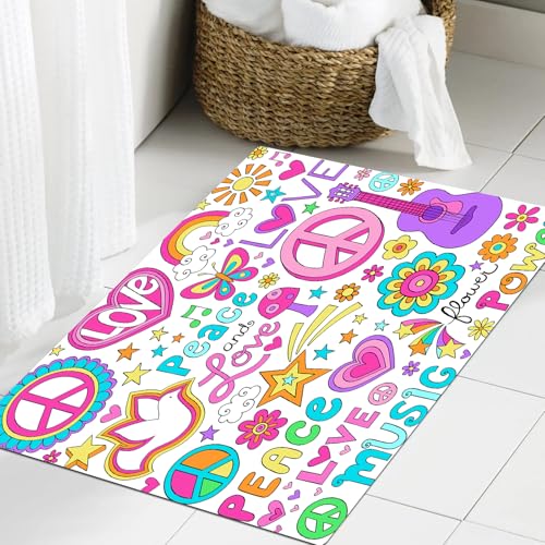 JHAOUNUK Weich Badezimmerteppich 60x90cm,Peace Love and a Dove Flower Power Groovy Psychedelic Notizbuch Doodles,rutschfest waschbar Badematte Flauschige Badteppich Saugfähig Badvorleger Duschvorleger von JHAOUNUK