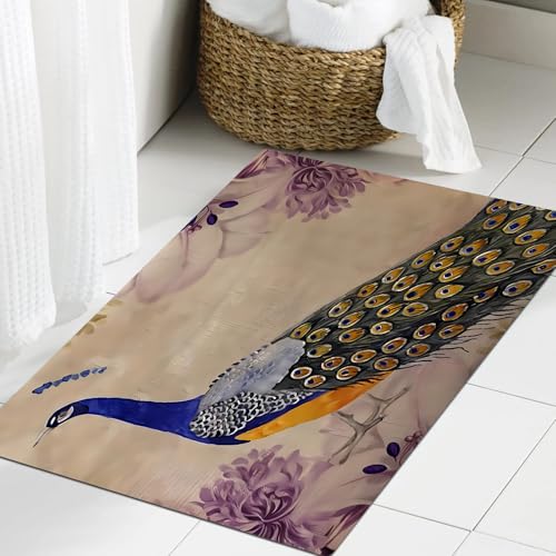 JHAOUNUK Weich Badezimmerteppich 60x90cm,Pfauen-Aquarell-Komposition in einem Kreis. Vogel- und Blumenmuster. Gr,rutschfest waschbar Badematte Flauschige Badteppich Saugfähig Badvorleger Duschvorleger von JHAOUNUK