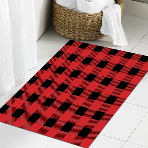 JHAOUNUK Weich Badezimmerteppich 60x90cm,Plaid, Holzfällermode Buffalo Style Karomuster Retro Style mit Gitterko,rutschfest waschbar Badematte Flauschige Badteppich Saugfähig Badvorleger Duschvorleger von JHAOUNUK