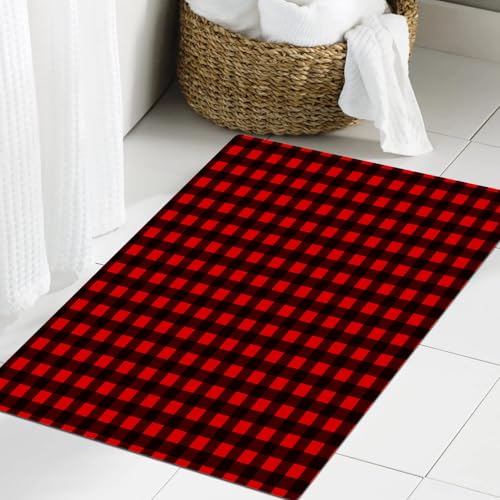JHAOUNUK Weich Badezimmerteppich 60x90cm,Plaid Stoff Textil Tartan schwarz und rot Mode abstrakten Hintergrund s,rutschfest waschbar Badematte Flauschige Badteppich Saugfähig Badvorleger Duschvorleger von JHAOUNUK