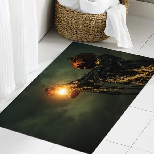 JHAOUNUK Weich Badezimmerteppich 60x90cm,Porträt einer gruseligen Kürbislaterne mit einem Kürbis auf dem Kopf. H,rutschfest waschbar Badematte Flauschige Badteppich Saugfähig Badvorleger Duschvorleger von JHAOUNUK