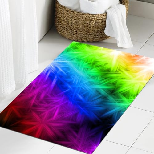 JHAOUNUK Weich Badezimmerteppich 60x90cm,Regenbogenmuster Mehrfarbig,rutschfest waschbar Badematte Flauschige Badteppich Saugfähig Badvorleger Duschvorleger von JHAOUNUK