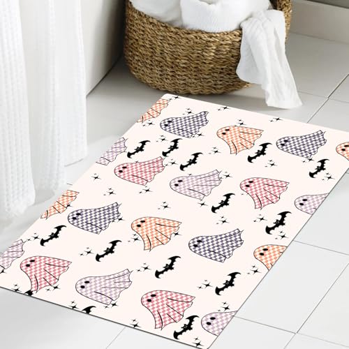 JHAOUNUK Weich Badezimmerteppich 60x90cm,Retro Groovy Halloween Muster Nahtlose Boho Geister Muster Nahtlose Mus,rutschfest waschbar Badematte Flauschige Badteppich Saugfähig Badvorleger Duschvorleger von JHAOUNUK