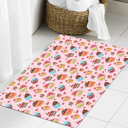 JHAOUNUK Weich Badezimmerteppich 60x90cm,Rosa Cupcakes Muffins Print Erdbeere Kirsche (2),rutschfest waschbar Badematte Flauschige Badteppich Saugfähig Badvorleger Duschvorleger von JHAOUNUK