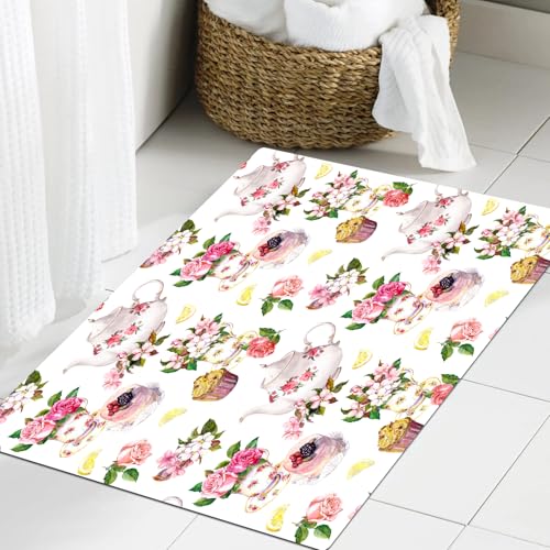 JHAOUNUK Weich Badezimmerteppich 60x90cm,Rose Shabby Chic Dekor Vintage Teekannen Blumen Blätter Kuchen Zitrone,rutschfest waschbar Badematte Flauschige Badteppich Saugfähig Badvorleger Duschvorleger von JHAOUNUK