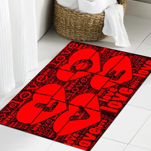 JHAOUNUK Weich Badezimmerteppich 60x90cm,Rote Farben lieben Worte mit Herzen Illustration Mosaikfliesen Muster a,rutschfest waschbar Badematte Flauschige Badteppich Saugfähig Badvorleger Duschvorleger von JHAOUNUK