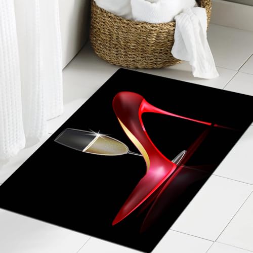 JHAOUNUK Weich Badezimmerteppich 60x90cm,Rote High Heels Rote Damenschuhe mit einem Glas Goldwein,rutschfest waschbar Badematte Flauschige Badteppich Saugfähig Badvorleger Duschvorleger von JHAOUNUK